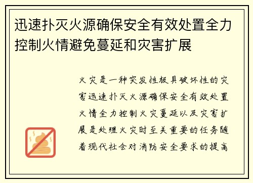 迅速扑灭火源确保安全有效处置全力控制火情避免蔓延和灾害扩展