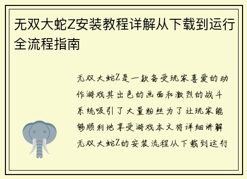 无双大蛇Z安装教程详解从下载到运行全流程指南