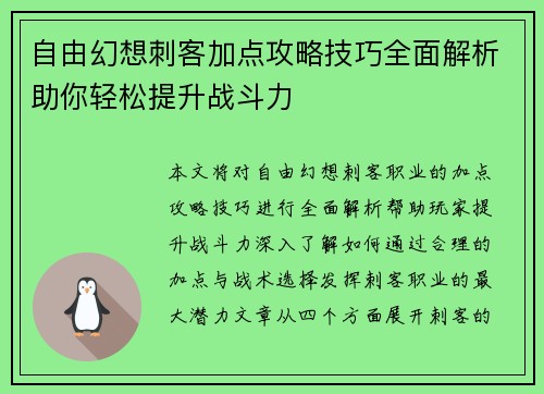 自由幻想刺客加点攻略技巧全面解析助你轻松提升战斗力